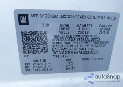 2021 Chevrolet Equinox Awd Ls из США, поврежденный, VIN 3GNAXSEV3MS118159